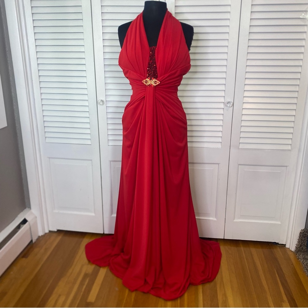 Mon Cheri | Red Pleated Halter Gown | Size 4